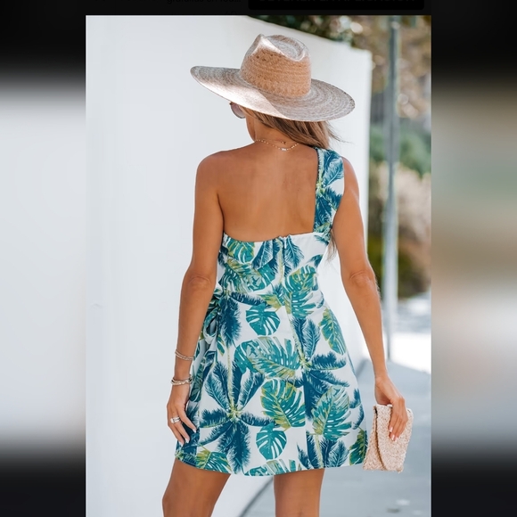 Cupshe One-Shoulder Tropical Dress in Blue and Green - Picture 2 of 14